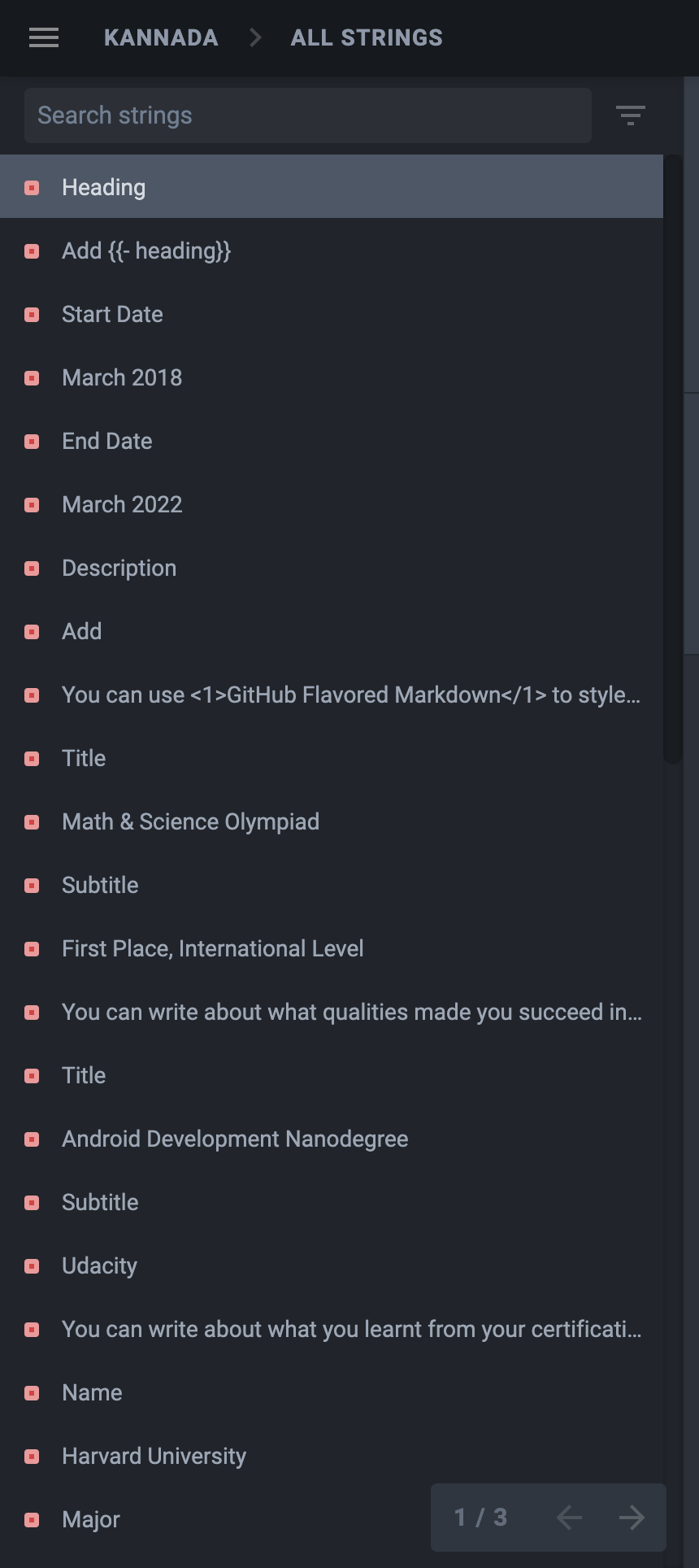 List of Strings to be Translated